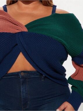 Colorblock Twist Front Off-Shoulder Sweater in Navy, Green & Dusty Rose
